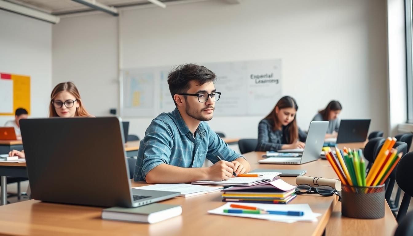 Students studying together in modern classroom